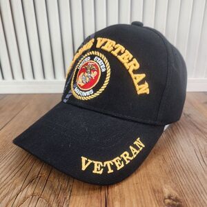 Marine Veteran Golden Lion Strapback Hat Cap Black Embroidered Military Service